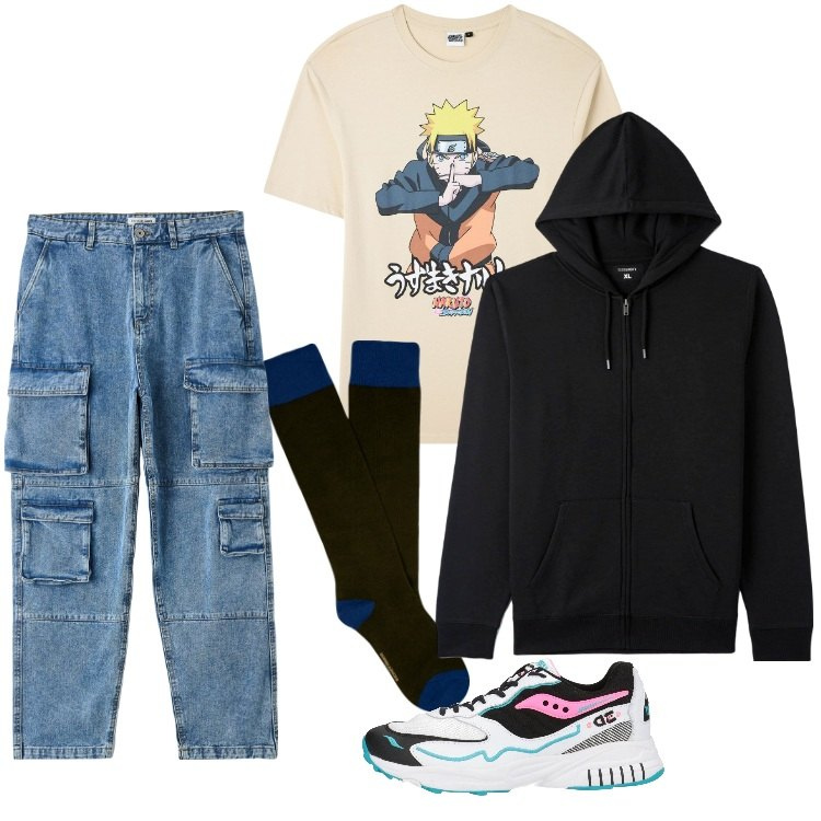 Outfit uomo - Total look #1829573. Stile Trendy per Tutti i giorni. Abbinamento con sneakers, t-shirt, jeans, felpe con cappuccio, calzini.