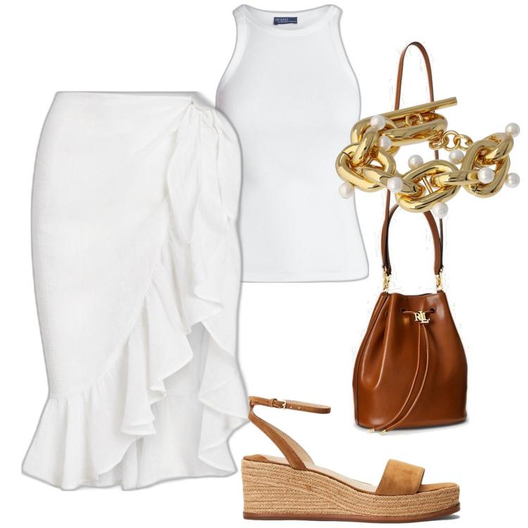 Outfit donna - Bianco accessori brown. Stile Casual chic per Tutti i giorni. Abbinamento con canottiere, gonne, espadrillas, borse a secchiello, braccialetti.