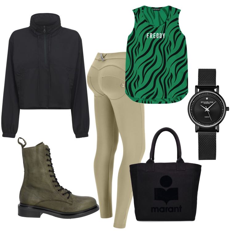 Outfit donna - Verde e nero. Stile Military per Tutti i giorni. Abbinamento con stivaletti, orologi, pantaloni skinny, canottiere, shopping bag, blazer.