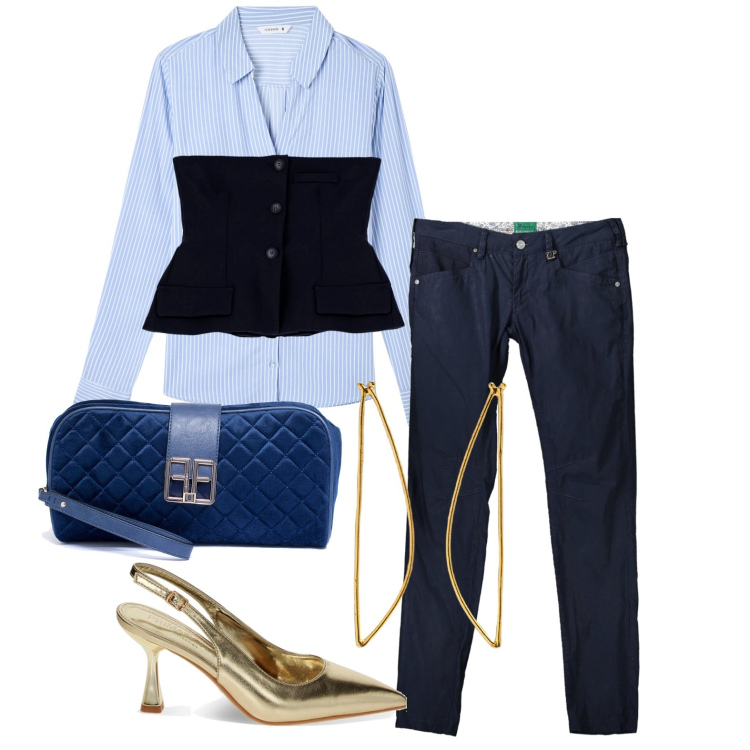 Outfit donna - Ghost outfitter - marzo. Stile Casual chic per Tutti i giorni. Abbinamento con camicie, pochette, décolleté, gilet, pantaloni, orecchini.