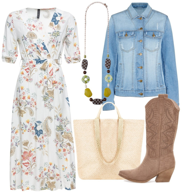Outfit donna - Boho primavera. Stile Boho per Tutti i giorni. Abbinamento con blazer, vestiti midi/longuette, borse tote, stivali, collane.