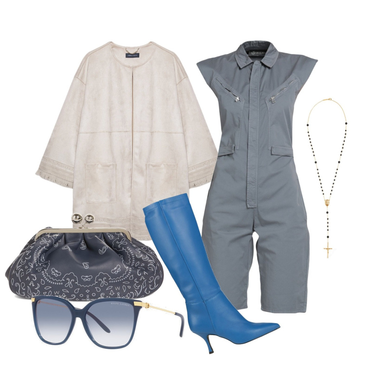 Outfit donna - Ghost outfitter - marzo. Stile Glamour per Tutti i giorni. Abbinamento con stivali, tute, occhiali da sole, blazer, collane, pochette.