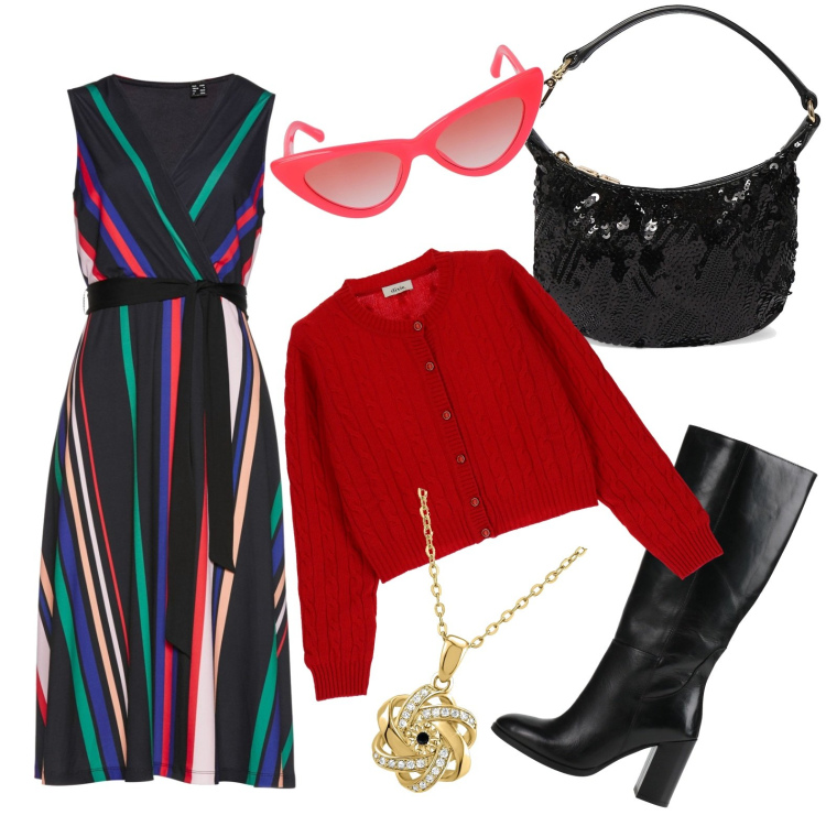 Outfit donna - Giornata primaverile. Stile Urban per Tutti i giorni. Abbinamento con vestiti, stivali, ciondoli, cardigans, occhiali da sole, pochette.
