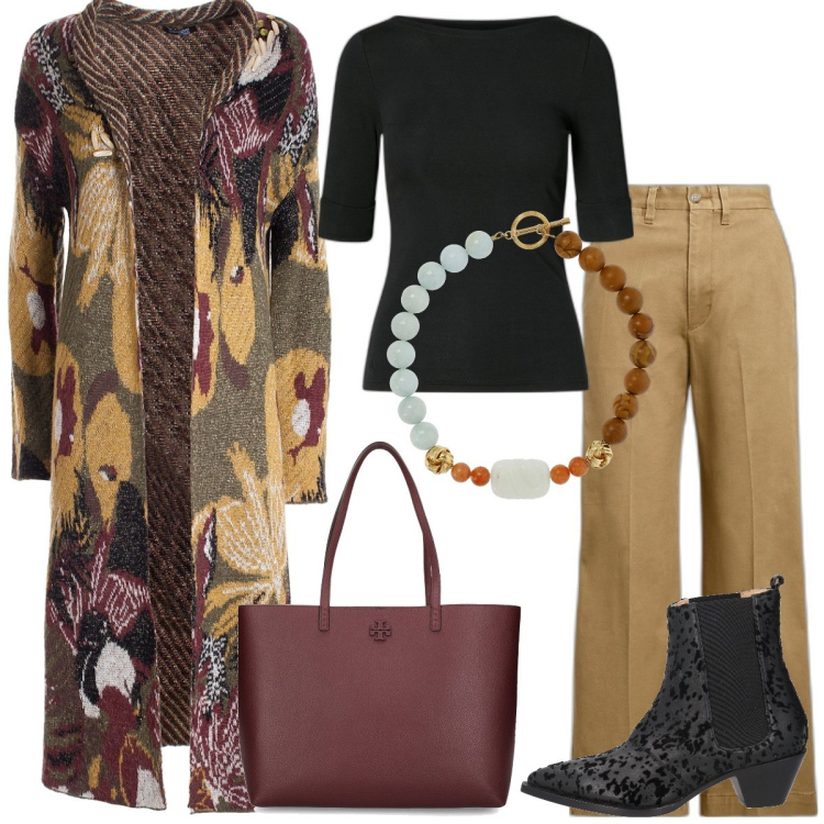 Outfit donna - Tempo libero. Stile Casual per Tutti i giorni. Abbinamento con stivaletti chelsea, cardigans, t-shirt, pantaloni chino, collane, shopping bag.