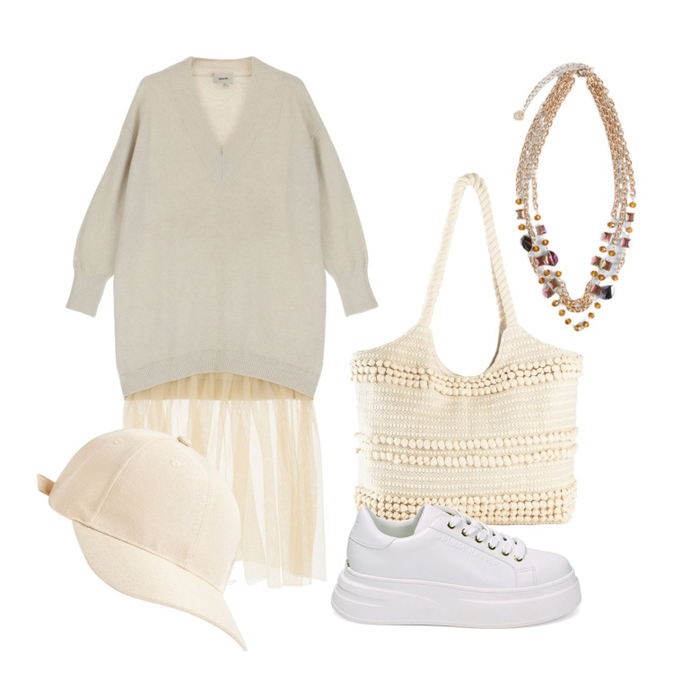 Outfit donna - Ghost outfitter - marzo. Stile Casual per Tutti i giorni. Abbinamento con shopping bag, cappelli, sneakers, vestiti midi/longuette, collane.