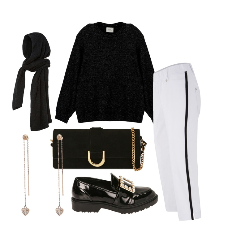 Outfit donna - Ghost outfitter - marzo. Stile Casual chic per Ufficio. Abbinamento con sciarpe, pantaloni, orecchini, mocassini, pochette, felpe.