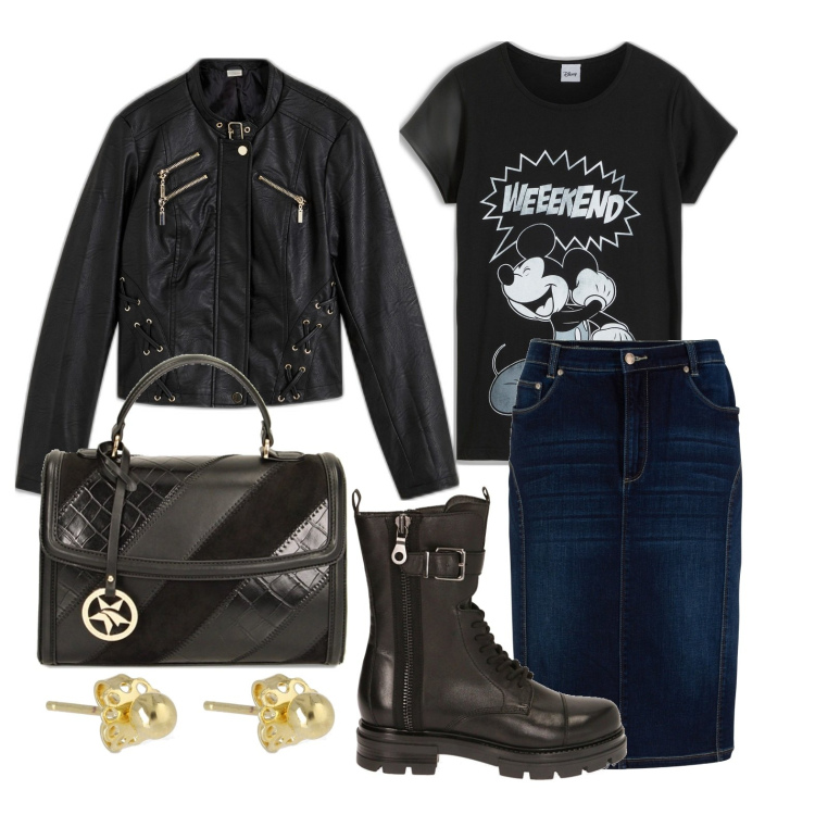 Outfit donna - Ghost outfitter - marzo. Stile Trendy per Tutti i giorni. Abbinamento con t-shirt, gonne, blazer, anfibi, borse a mano, orecchini.