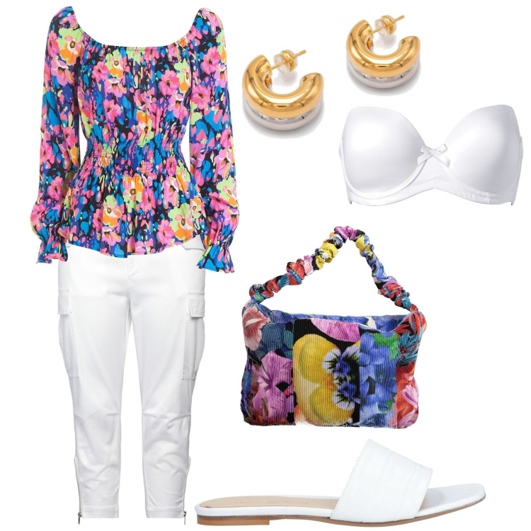 Outfit donna - Primavera/fantasie fiorite. Stile Romantica per Tutti i giorni. Abbinamento con reggiseni, pantaloni cargo, orecchini, sandali in pelle, bluse, borse a spalla.