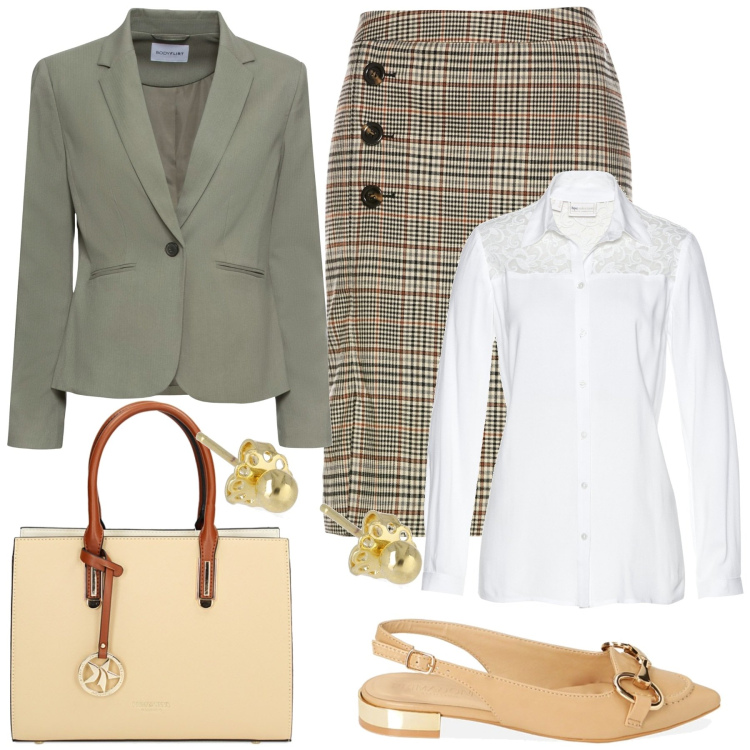 Outfit donna - In ufficio. Stile Bon Ton per Ufficio. Abbinamento con gonne, blazer, camicie, ballerine, borse a mano, orecchini.