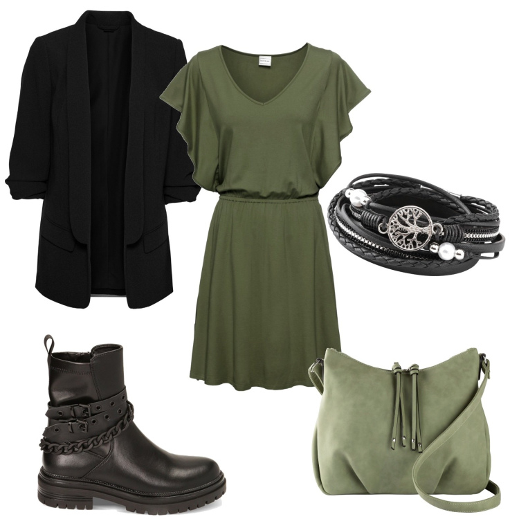 Outfit donna - Shopping: comoda e bella. Stile Trendy per Tutti i giorni. Abbinamento con blazer, braccialetti, vestiti, borse a tracolla, stivaletti.