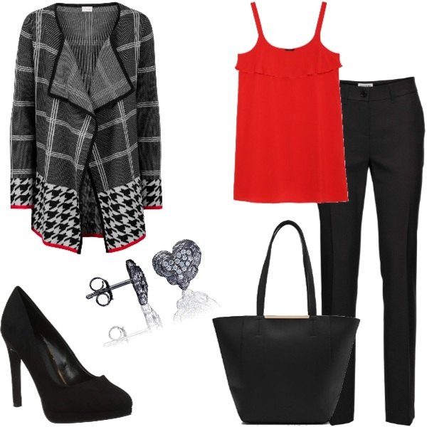 Outfit donna - Giornata di lavoro. Stile Urban per Ufficio. Abbinamento con pantaloni, cardigan nero e corda, scarpe col tacco nero, shopping bag nero, vestito corto con volant e cerchi con spalline sottili rosso, orecchini argento.