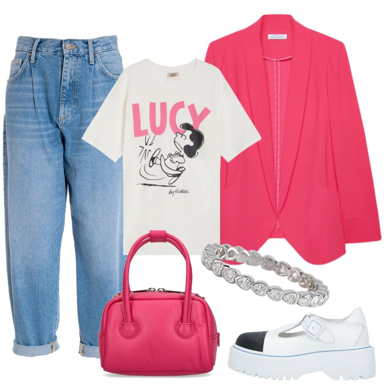 Outfit donna - Oggi..Fucsia. Stile Trendy per Tutti i giorni. Abbinamento con mocassini, anelli, jeans, t-shirt, blazer, borse a mano.