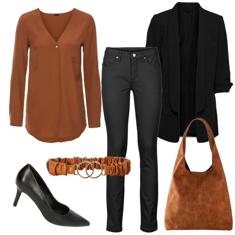 Outfit donna - Ruggine. Stile Glamour per Ufficio. Abbinamento con camicie, jeans, blazer, shopping bag, cinture, décolleté.