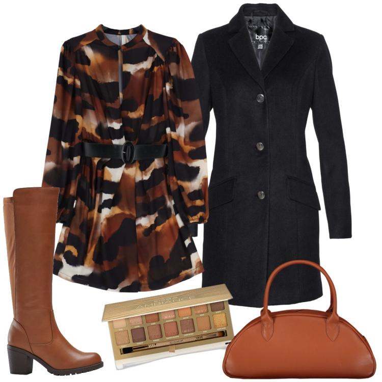 Outfit donna - Calde tonalità della terra. Stile Glamour per Ufficio. Abbinamento con stivali, cappotti, ombretti, vestiti corti, borse a spalla.