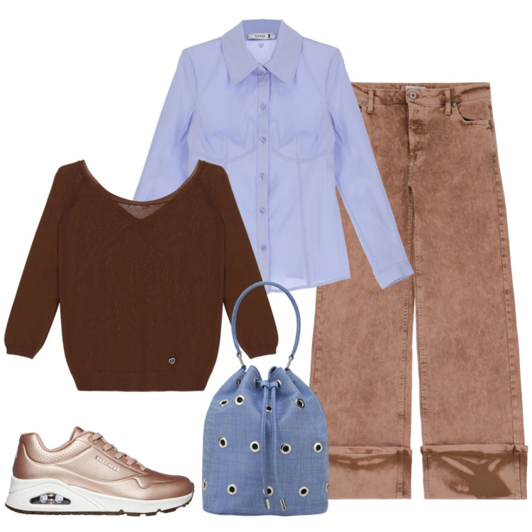 Outfit donna - Cacao e azzurro. Stile Casual per Tutti i giorni. Abbinamento con camicie, maglieria, pantaloni, borse a secchiello, sneakers.