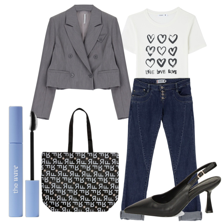 Outfit donna - Jeans e slingback. Stile Casual chic per Tutti i giorni. Abbinamento con mascara, t-shirt, jeans slim fit, blazer, décolleté, shopping bag.