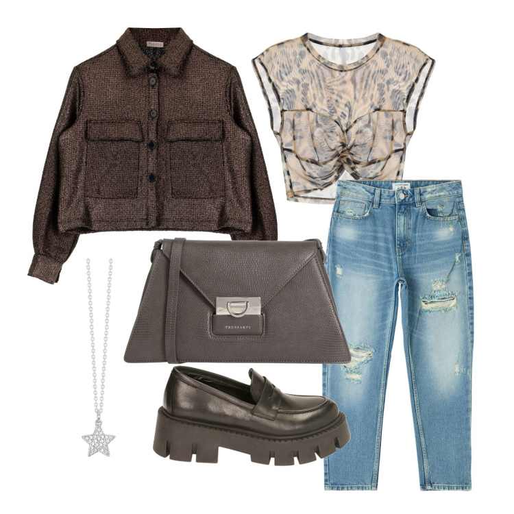 Outfit donna - Ghost outfitter - marzo. Stile Trendy per Tutti i giorni. Abbinamento con borse a tracolla, jeans mom, collane, blazer, top, mocassini.