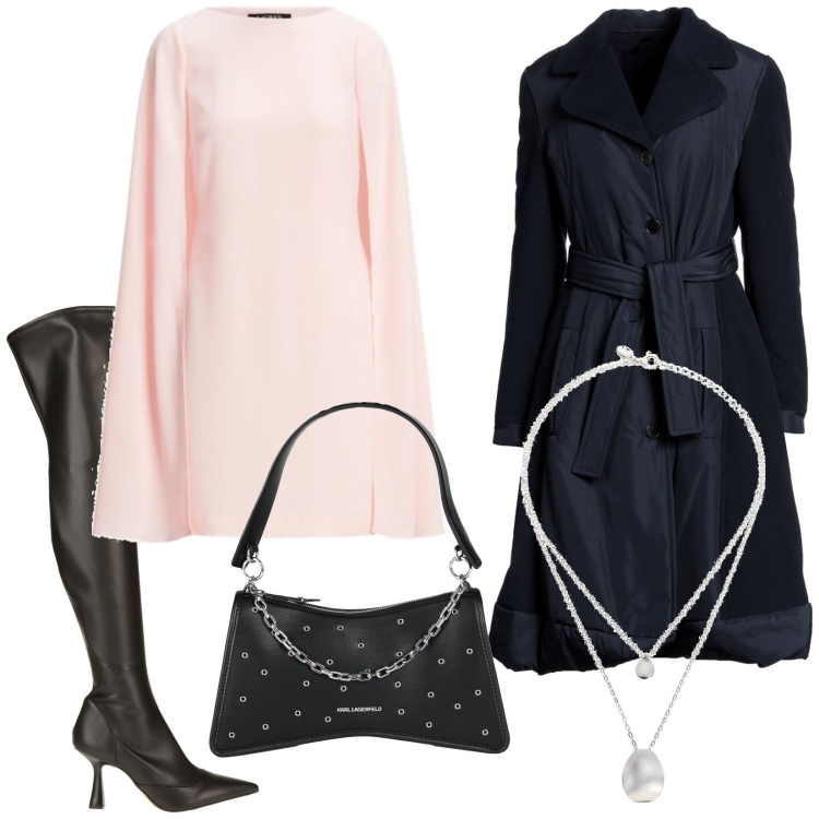 Outfit donna - Serata. Stile Glamour per Serata fuori. Abbinamento con stivali sopra il ginocchio, cappotti, borse a mano, ciondoli, vestiti.