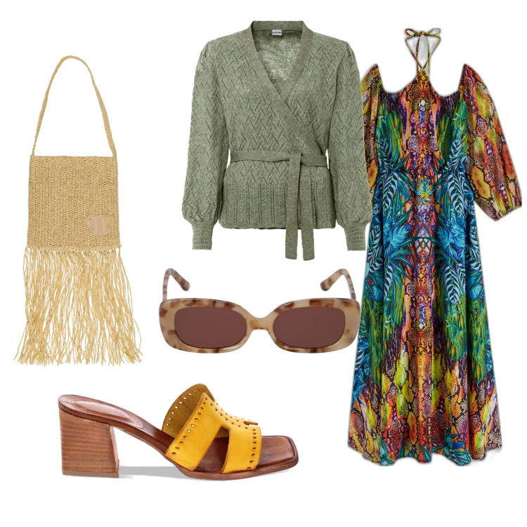 Outfit donna - Stile boho. Stile Boho per Tutti i giorni. Abbinamento con maglieria, vestiti lunghi, sandali col tacco, borse a spalla, occhiali da sole.
