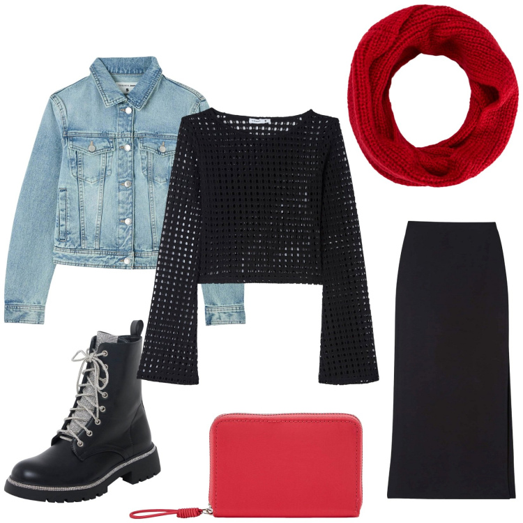 Outfit donna - I love Red. Stile Casual chic per Tutti i giorni. Abbinamento con maglieria, gonne lunghe, portafogli, blazer, scaldacollo, anfibi.