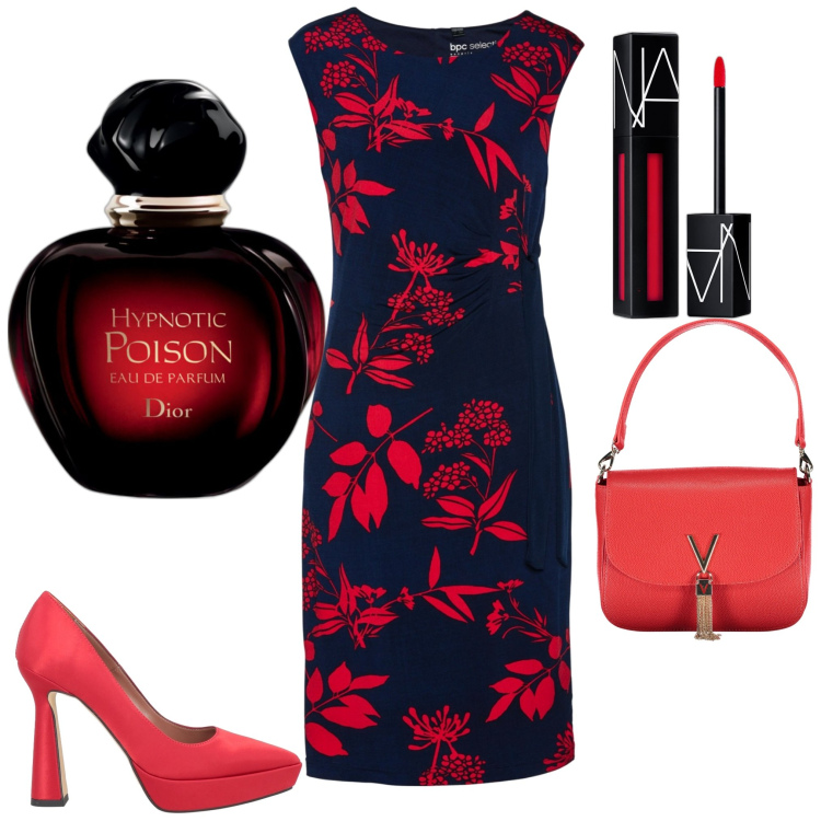 Outfit donna - Borsa con il manico. Stile Chic per Serata fuori. Abbinamento con vestiti, décolleté, profumi, rossetti, borse a spalla.