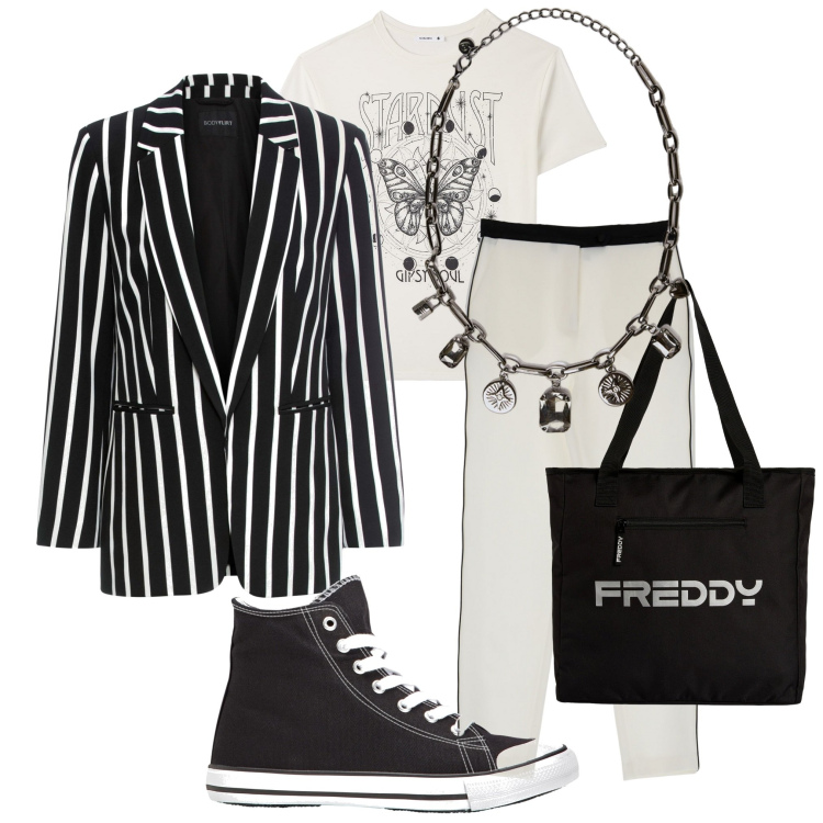Outfit donna - Black & White. Stile Casual per Scuola/Università. Abbinamento con blazer, sneakers alte, t-shirt, shopping bag, pantaloni, collane.