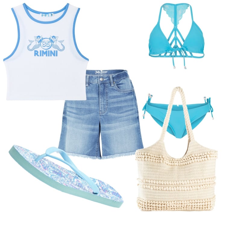 Outfit donna - Il mare è un ottimo relax. Stile Casual per Tutti i giorni. Abbinamento con bikini, shopping bag, shorts, canottiere, infradito.