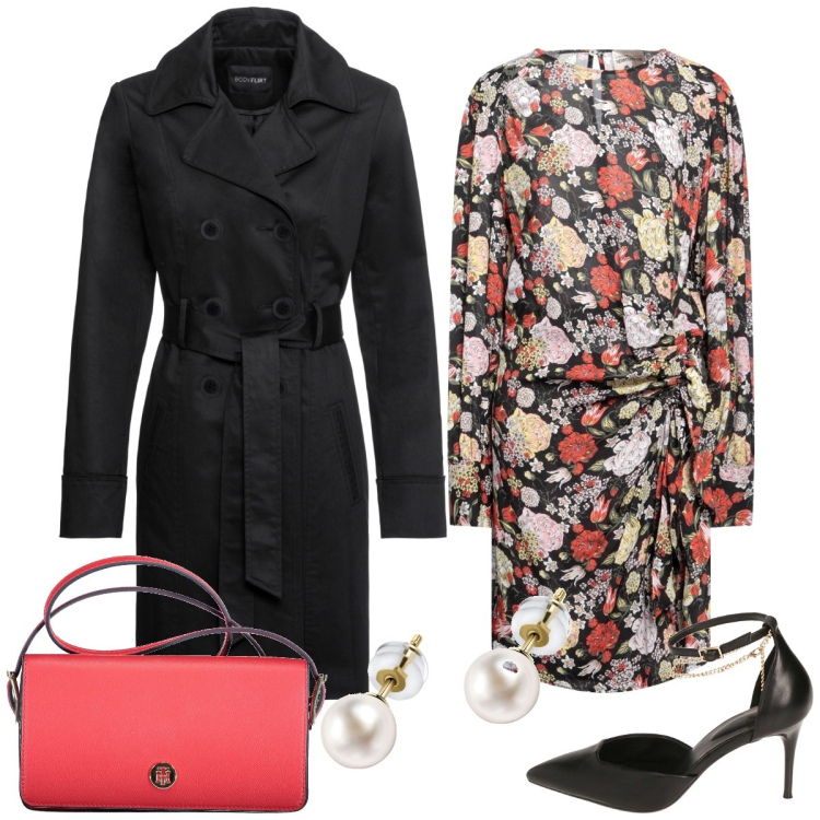 Outfit donna - Pranzo formale. Stile Chic per Tutti i giorni. Abbinamento con trench, vestiti midi/longuette, orecchini, décolleté, borse a spalla.
