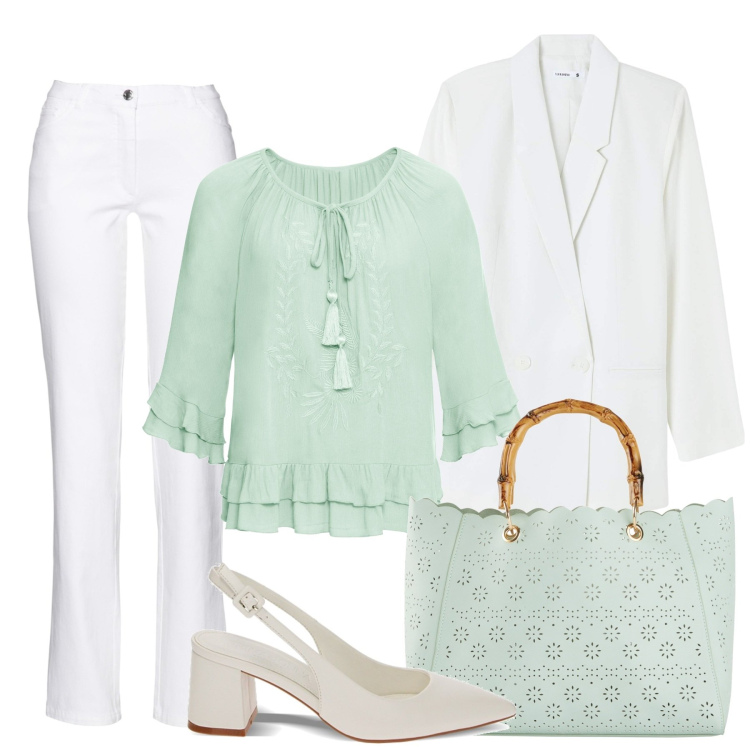 Outfit donna - Voglia di primavera. Stile Basic per Tutti i giorni. Abbinamento con pantaloni, borse a mano, tuniche, blazer, décolleté.
