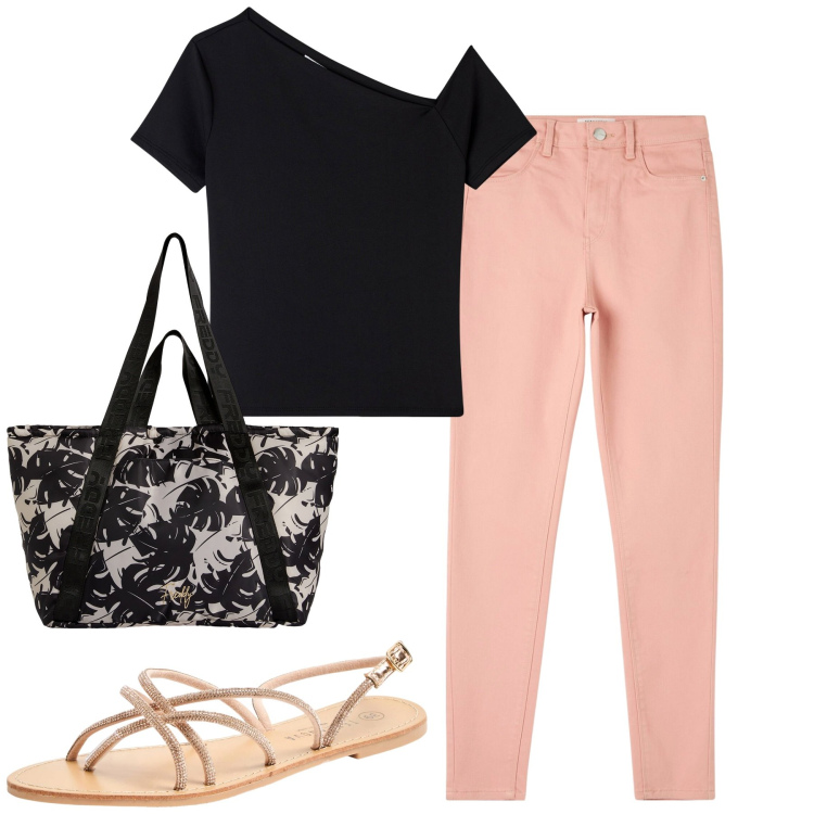 Outfit donna - Total look #1829981. Stile Urban per Tutti i giorni. Abbinamento con sandali, pantaloni skinny, t-shirt, shopping bag.
