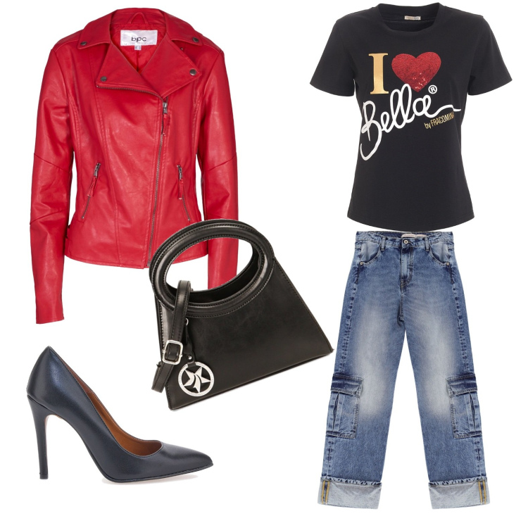 Outfit donna - Total look #1829983. Stile Casual chic per Serata fuori. Abbinamento con blazer, jeans dritti, t-shirt, borse a spalla, décolleté.