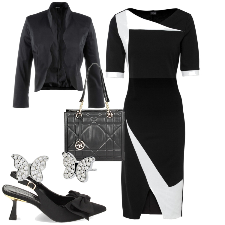 Outfit donna - City. Stile Chic per Tutti i giorni. Abbinamento con vestiti a tubino, blazer, orecchini, décolleté, borse a spalla.