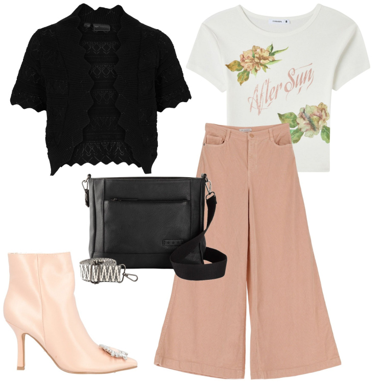 Outfit donna - Total look #1829989. Stile Trendy per Tutti i giorni. Abbinamento con borse a tracolla, blazer, stivaletti, t-shirt, pantaloni a palazzo.