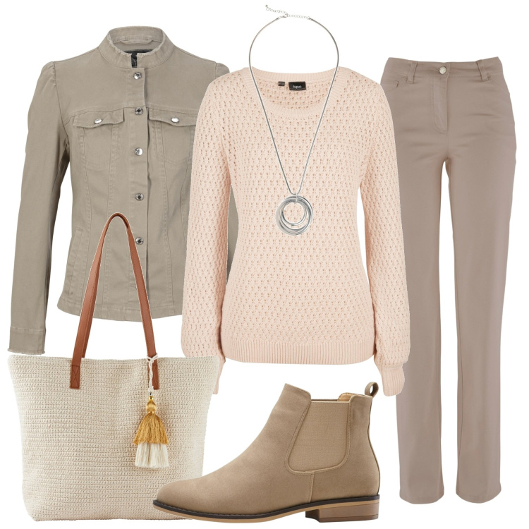 Outfit donna - Neutrale. Stile Basic per Tutti i giorni. Abbinamento con stivaletti chelsea, pantaloni, maglieria, blazer, shopping bag, collane.