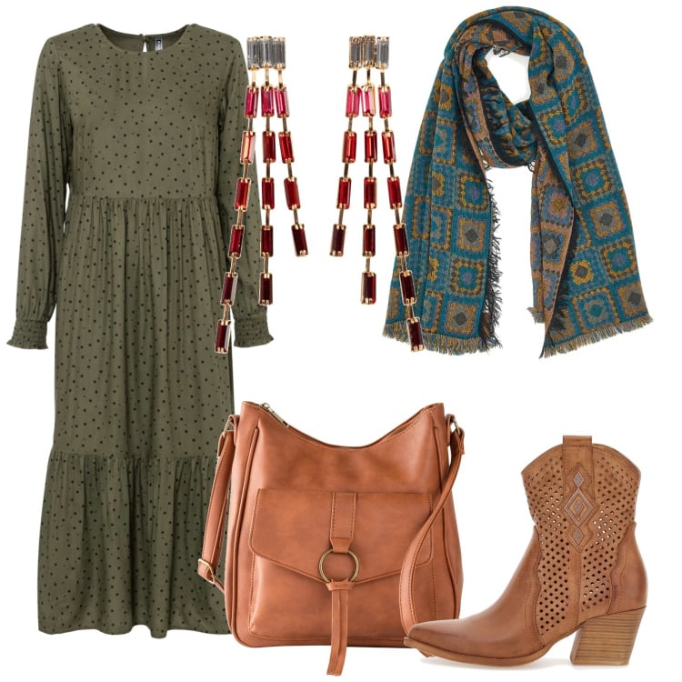 Outfit donna - Bohemien /Low Cost. Stile Boho per Tutti i giorni. Abbinamento con orecchini, borse a tracolla, vestiti lunghi, stivaletti texani, sciarpe.