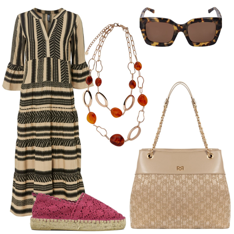 Outfit donna - Bohemien /Fascia media. Stile Boho per Tutti i giorni. Abbinamento con vestiti lunghi, borse a spalla, espadrillas, ciondoli, occhiali da sole.