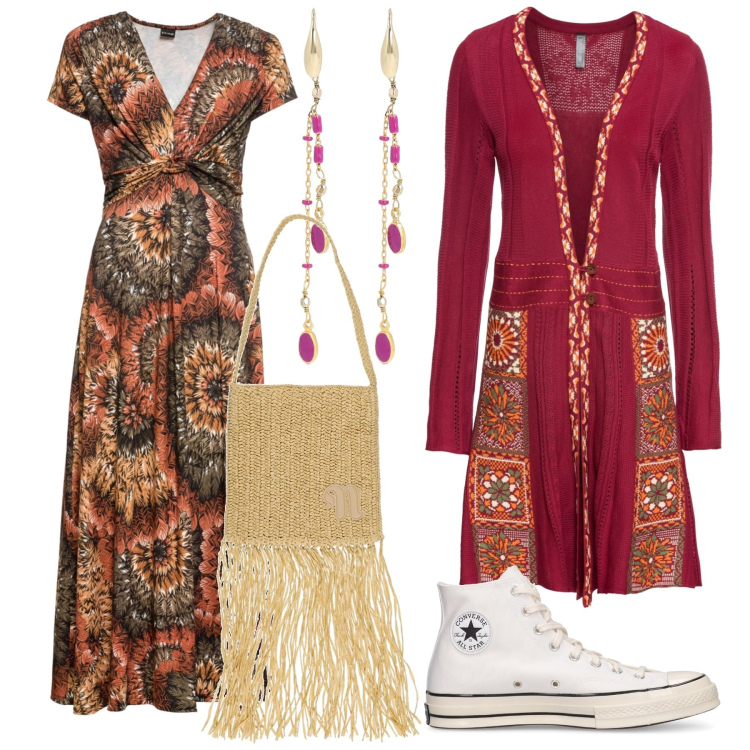 Outfit donna - Bohemien e sneakers. Stile Boho per Tutti i giorni. Abbinamento con vestiti lunghi, cardigans, borse a spalla, sneakers, orecchini.
