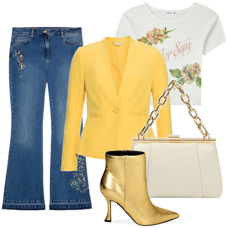 Outfit donna - Total look #1830029. Stile Sporty chic per Cerimonia. Abbinamento con blazer, t-shirt, borse a spalla, stivaletti, jeans.