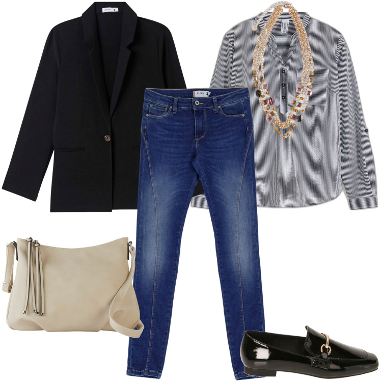 Outfit donna - Ufficio. Stile Casual per Tutti i giorni. Abbinamento con tuniche, borse a tracolla, blazer, jeans, mocassini, collane.