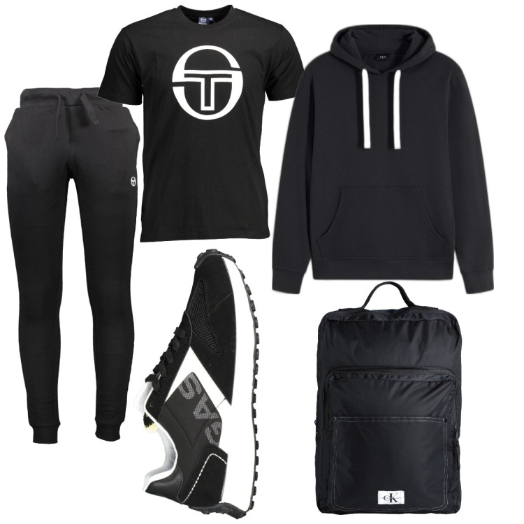 Outfit uomo - Sport. Stile Trendy per Sport. Abbinamento con felpe con cappuccio, borse sportive, pantaloni, t-shirt, scarpe sportive.