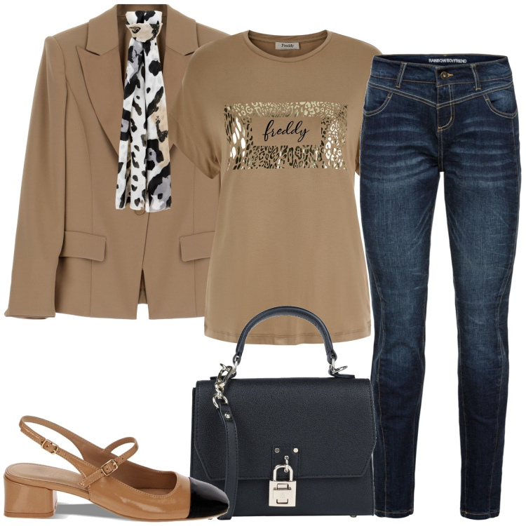 Outfit donna - Ufficio. Stile Casual per Ufficio. Abbinamento con jeans boyfriend, borse a mano, foulard, cappotti, t-shirt, décolleté.