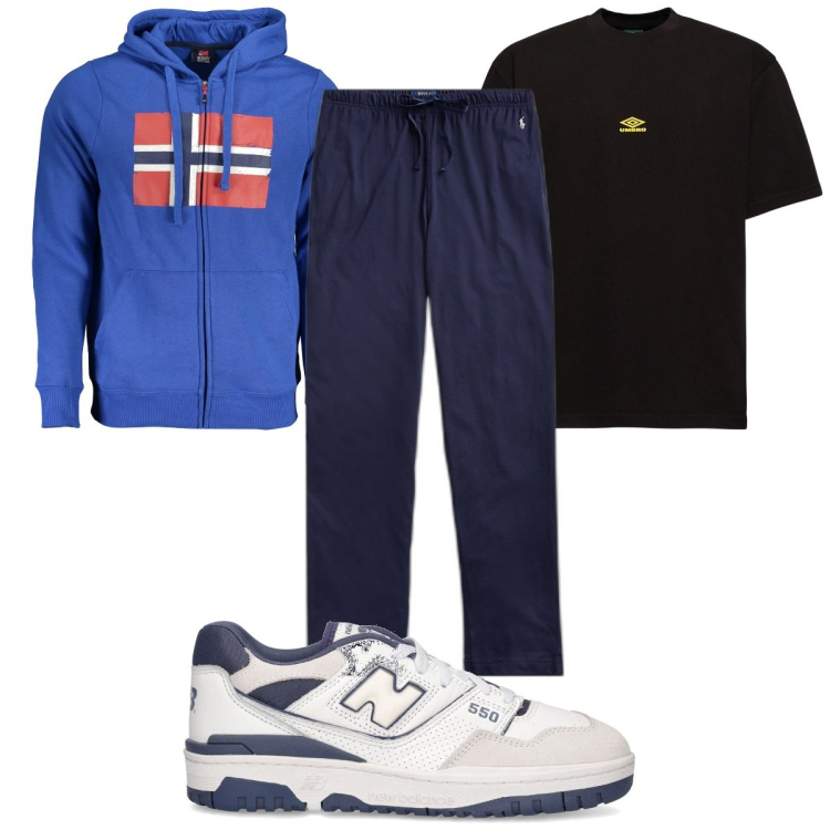 Outfit uomo - Total look #1830064. Stile Trendy per Sport. Abbinamento con pantaloni, t-shirt, sneakers, felpe con cappuccio.