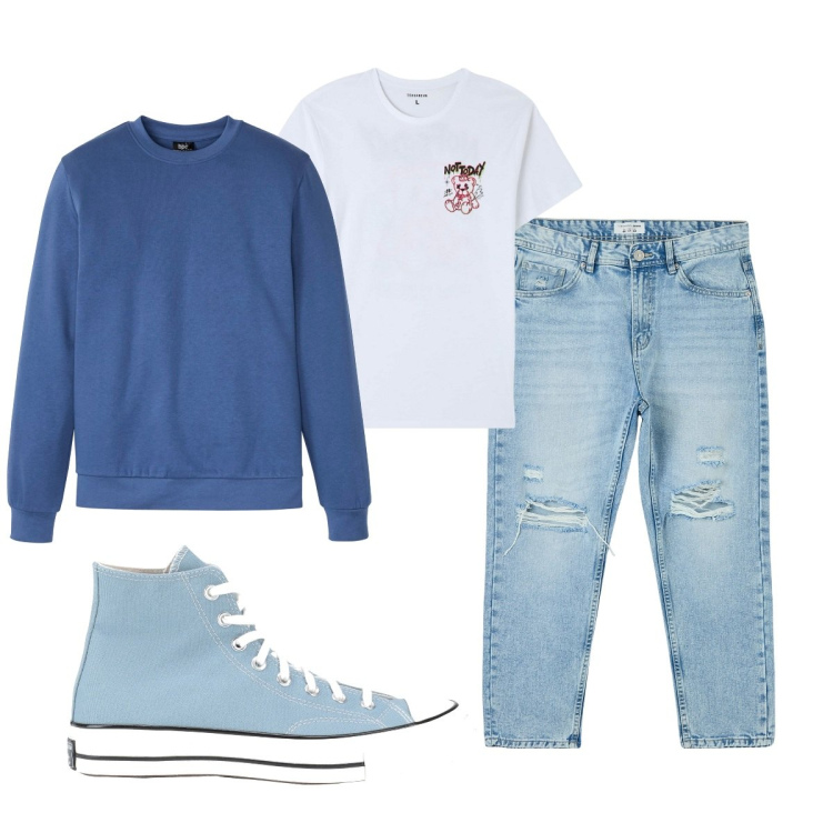 Outfit uomo - Total look #1830065. Stile Casual per Tutti i giorni. Abbinamento con felpe, sneakers alte, jeans strappati, t-shirt.