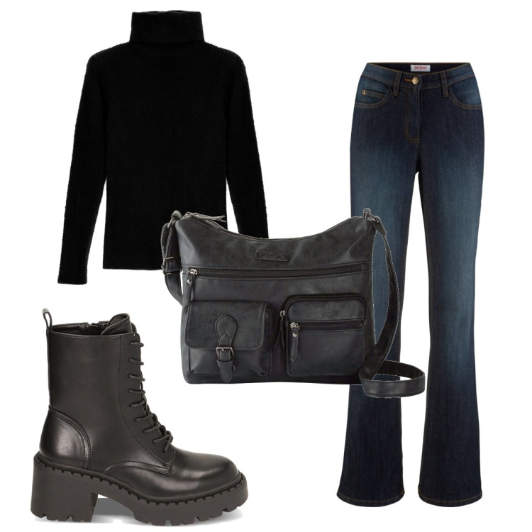 Outfit donna - Total look #1830072. Stile 70s per Tutti i giorni. Abbinamento con jeans bootcut, borse a tracolla, maglieria, anfibi.