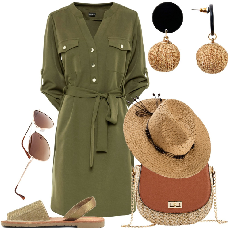 Outfit donna - Comodità con stile. Stile Casual per Tutti i giorni. Abbinamento con orecchini, occhiali da sole, vestiti chemisier, cappelli, borse a tracolla, sandali in pelle.