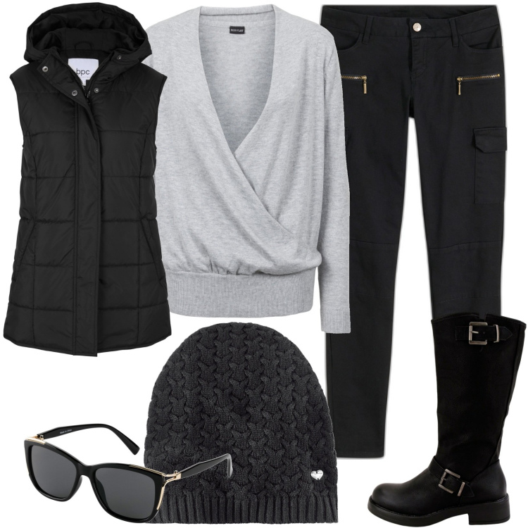 Outfit donna - Giornate piovesse. Stile Casual per Tutti i giorni. Abbinamento con pantaloni cargo, berretti, occhiali da sole, maglieria, gilet, stivali.