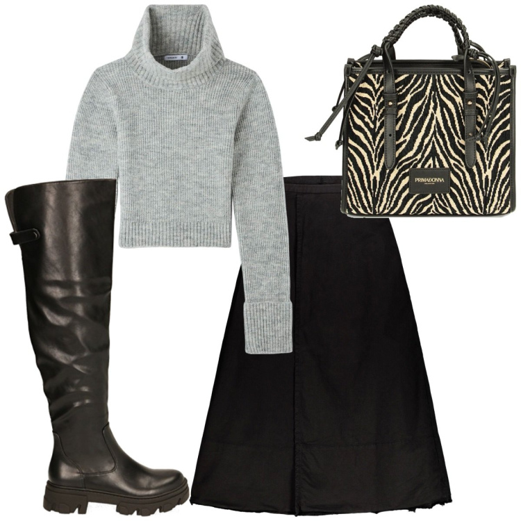 Outfit donna - Total look #1830085. Stile Trendy per Tutti i giorni. Abbinamento con maglieria, borse a mano, stivali, gonne lunghe.