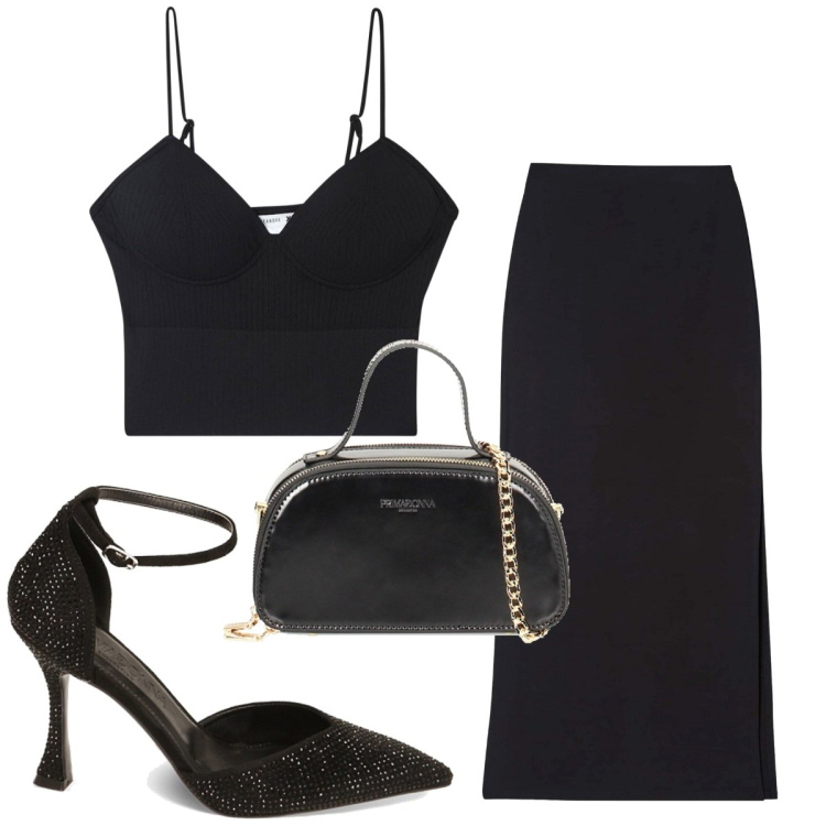Outfit donna - Total look #1830086. Stile Trendy per Serata fuori. Abbinamento con top, gonne lunghe, décolleté, borse a mano.