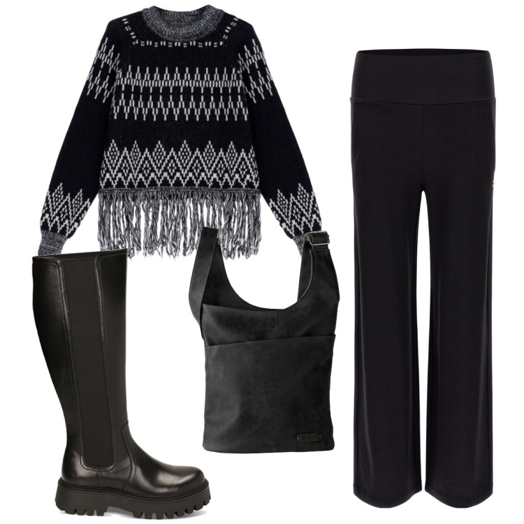Outfit donna - Total look #1830089. Stile Etnico per Tutti i giorni. Abbinamento con borse a tracolla, maglieria, pantaloni, stivaletti chelsea.