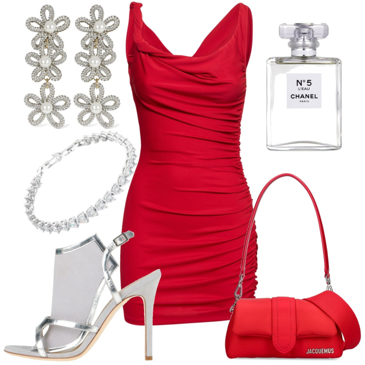 Outfit donna - Rosso di grande fascino e personalità. Stile Sexy per Serata fuori. Abbinamento con sandali in pelle, braccialetti, profumi, vestiti, borse a spalla, orecchini.